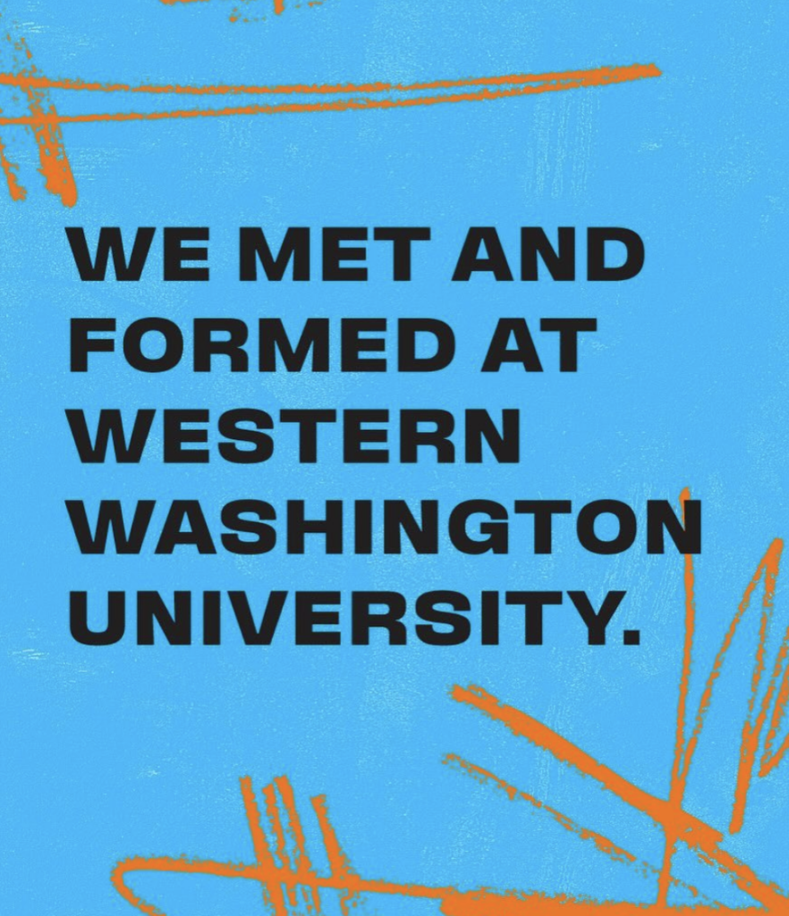 The image features a text overlay stating "we met and formed at Beale Street Music Festival," set against a blue background with abstract orange scribble marks.